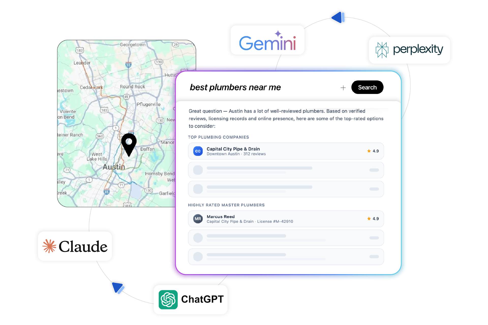 AI search results for best plumbers near me showing Capital City Pipe & Drain as a top local result across ChatGPT, Claude, Gemini, and Perplexity.