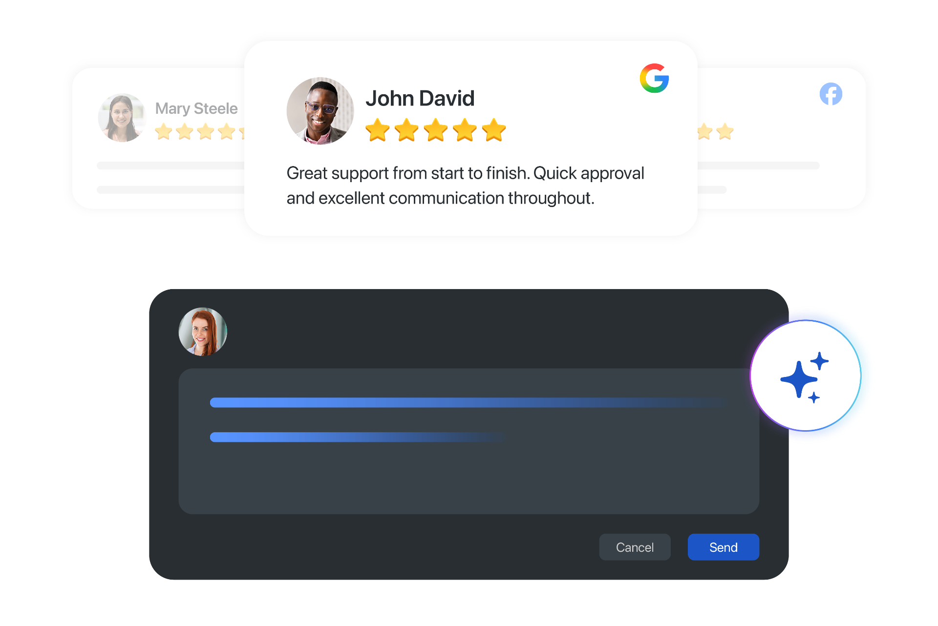 AI-assisted review response tool showing brand-consistent reply to a 5-star Google customer review
